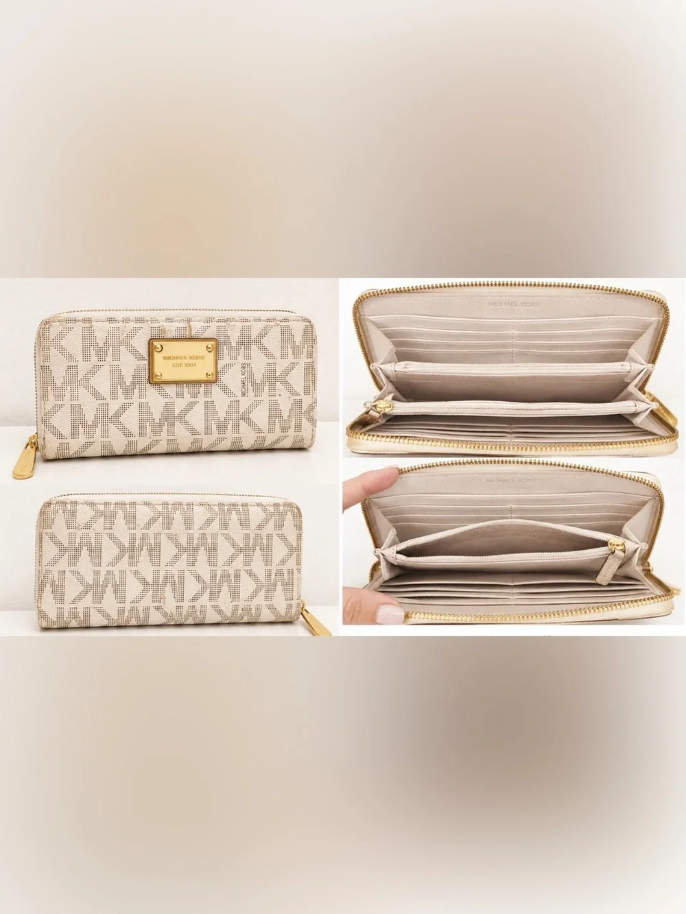 Michael Kors Jet Set Travel MK Logo Zip Around Continental Wallet Vanilla Gold